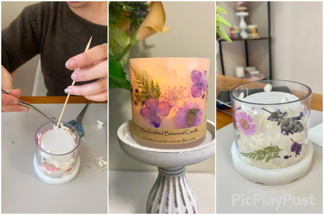 Botanical Art Lantern Workshop at Ocean Decor Candles Gold Coast, showing a participant gently arranging pressed flowers in a mold and displaying finished lanterns with soft botanical designs.