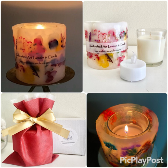 Handmade botanical lantern and candle gift set with preserved flowers, designed so the glass container can be reused with a tealight after the soy candle finishes.