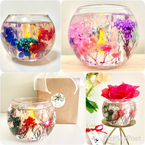 Handmade botanical gel art lantern with colorful dried flowers in clear gel, designed with a hollow center for an LED candlelight only.