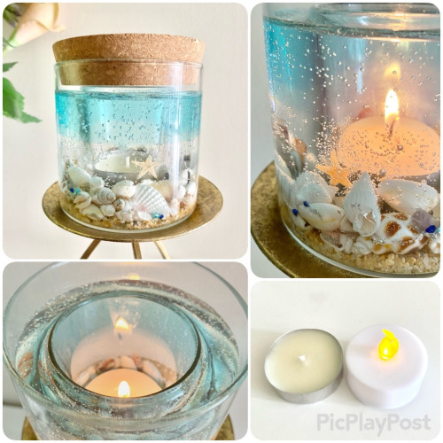 Handmade coastal gel art lantern with seashells and sand in clear blue gradient gel, finished with a natural cork lid and designed to hold an LED or real tealight candle.