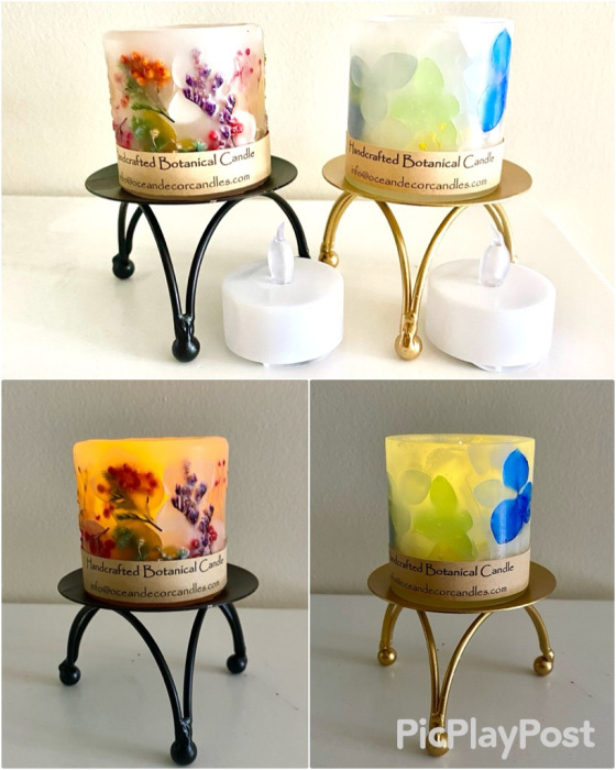 Handmade botanical art lantern with preserved flowers, paired with a vintage‑look metal stand and designed for LED light only.