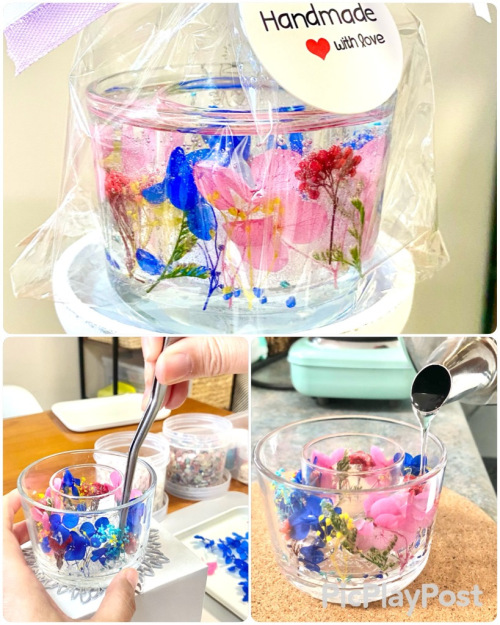 Botanical Gel Art Lantern Workshop at Ocean Decor Candles Gold Coast, showing participants gently arranging dried flowers in clear gel wax to create their own handmade lanterns in a relaxed home setting.