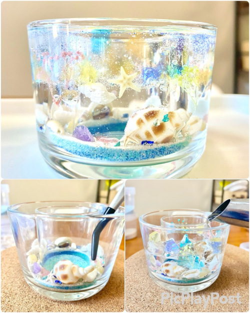 Participants creating coastal gel art lanterns during the Gel Art Lantern Workshop at Ocean Decor Candles Gold Coast, arranging natural seashells and blue sand in clear gel wax to craft ocean-inspired handmade lanterns.