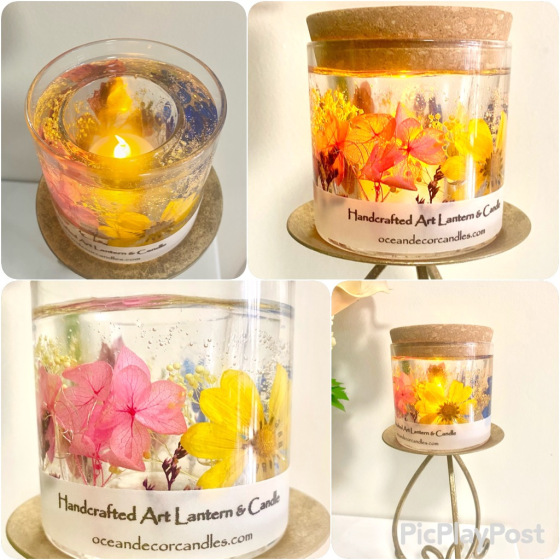 Handmade botanical gel art lantern with preserved flowers in clear gel, finished with a natural cork lid and designed for LED light only.