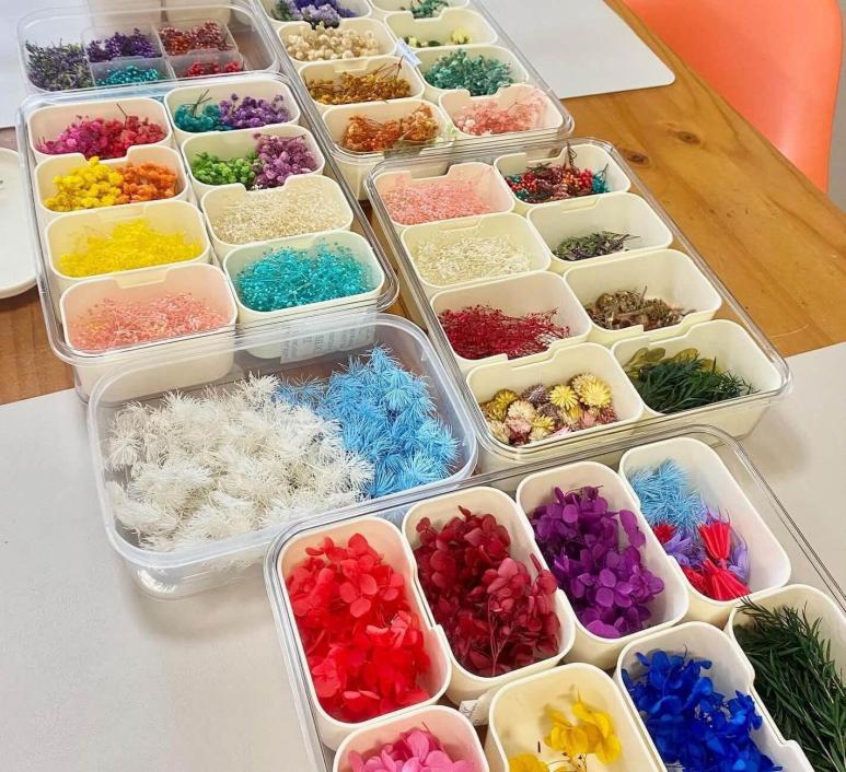Colourful preserved flowers and natural dried flowers used in Ocean Decor Candles workshops for botanical and coastal lantern designs.